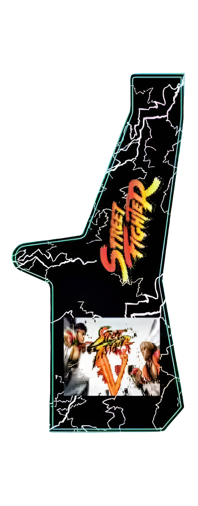 Side of 2 player arcade cabinet that has a black background with white lightning bolts. The arcade cabinet says street fighter in bright orange letters. Towards the bottom the picture shows 2 street fighters.