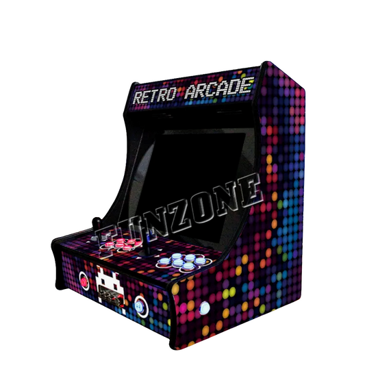 Disco themed 2 Player Tabletop Arcade Cabinet featuring disco theme, marquee that says 'Retro Arcade" in glowing letters, 2 black joysticks, Led blue buttons, Led red buttons