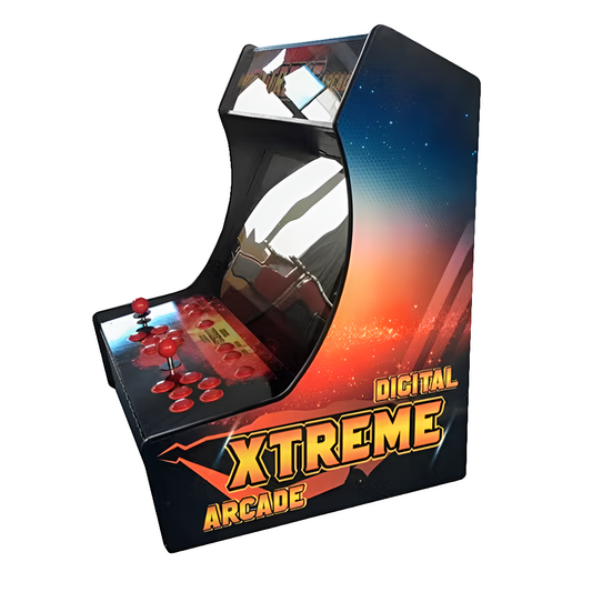 Orange and purple 2 Player Tabletop Arcade Cabinet that features 2 red joysticks, red buttons, and text in orange on the side of the cabinet that says "Digital Xtreme Arcade" in orange text.