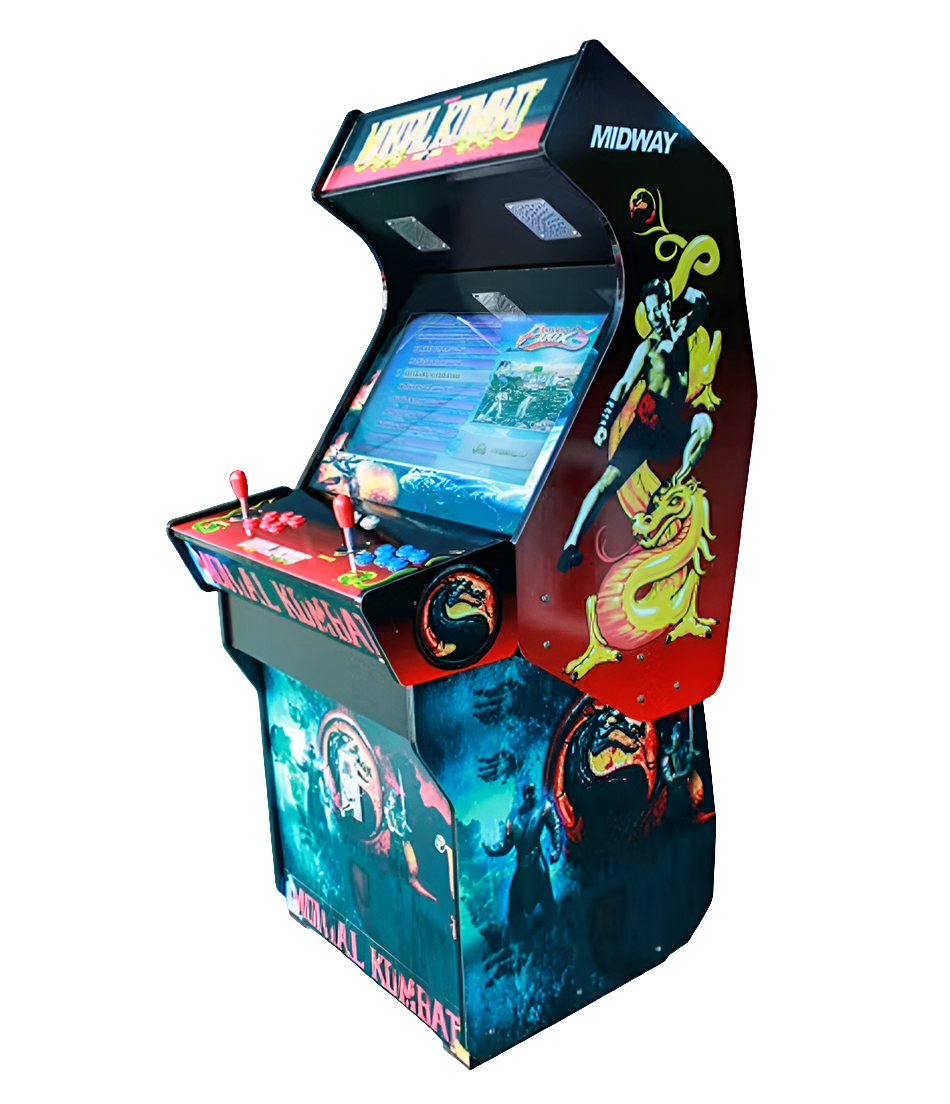 2 Player Arcade Cabinet featuring a mortal Kombat design, dragon artwork on the side, the text "Mortal Kombat" in yellow on the marquee, 2 red joysticks, blue buttons, and red buttons.