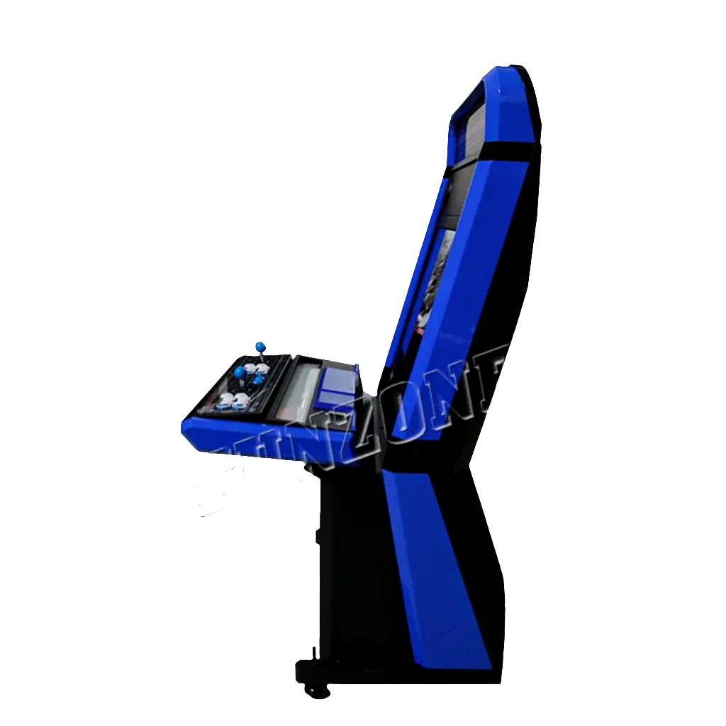 Side view of 2 player cocktail arcade cabinet that features a multi color black and blue design. The Cabinets has a 32 inch screen, 2 blue joysticks, blue and white buttons.