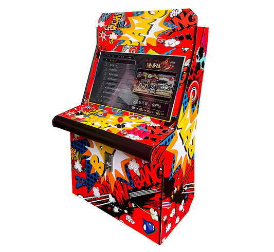 Comic design 2 Player Arcade Cabinet with a 32 inch screen featuring red, yellow and navy comic book design. 2 red joysticks, yellow buttons, and red buttons. 