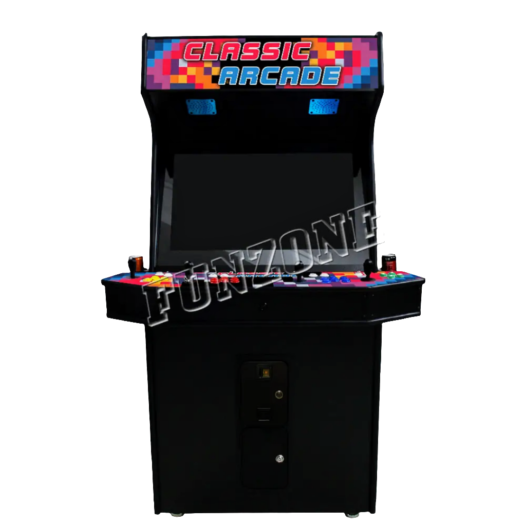 Front view of 4 Player Pixel Arcade Cabinet with multicolor pixel design. The cabinet features 4 black joysticks, white buttons, yellow buttons, and blue buttons. It has beautiful Classic Arcade text on the marquee and side of the cabinet in orange and blue text. Also features an optional coin slot.