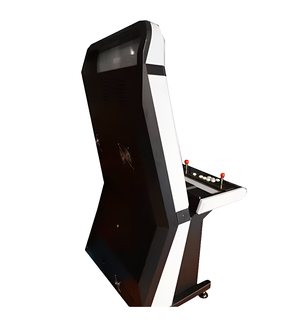 Side and back angled view of a White and black styled vewlix 2 player arcade cabinet that has 2 red joysticks, black and white buttons