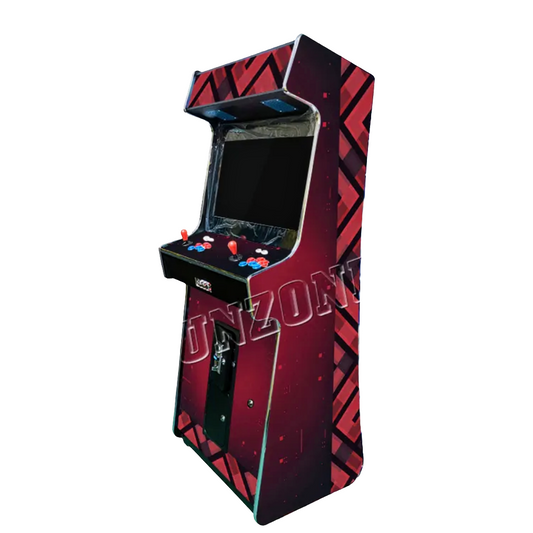 Side view of 2 Player Arcade Cabinet featuring a black and red pattern design, 2 red joysticks, blue and red buttons. The cabinet also features an optional coin slot  