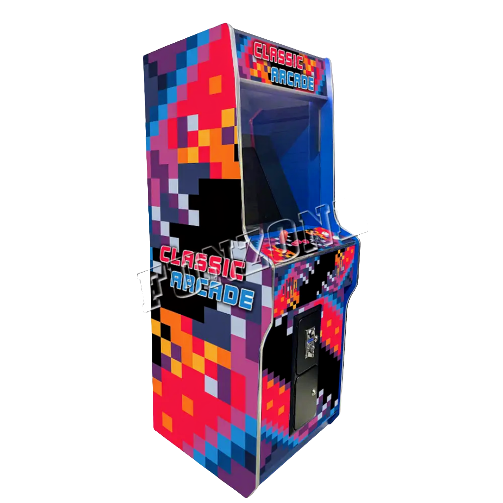 Side view of One Player Arcade Cabinet featuring a visual retro multicolor pixel design. The arcade cabinet says classic arcade on the marquee and side of the cabinet in orange and blue text. The arcade features one red joystick and orange buttons. Also features an optional coin slot.