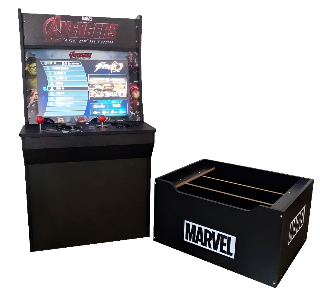 2 Player Arcade Cabinet featuring a large 24 inch screen, the marvels theme and characters. On the right side of the arcade cabinet there is the bottom black booster that can be attached, it says in white letters MARVEL.