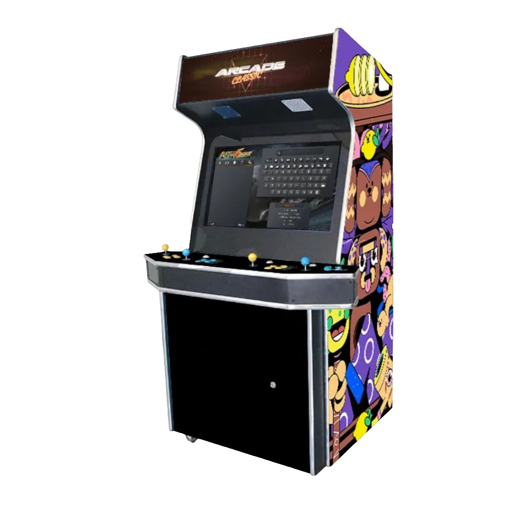 4 player arcade cabinet featuring a multi-colored colorful design on the sides, marquee that says "Arcade Classic" on top of a black background, 2 blue joysticks, 2 green joysticks, blue buttons, and green buttons.