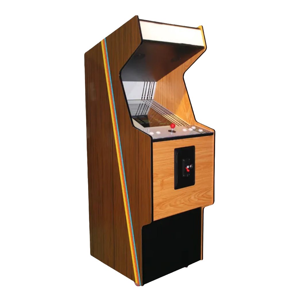 Side view of a 2 Player Wood Arcade Cabinet featuring a wood design with yellow and light blue pin stripping down the side of the cabinet, one red joystick, and white buttons.