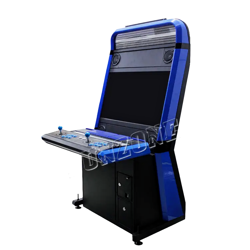 2 player cocktail arcade cabinet that features a multi color black and blue design. The Cabinets has a 32 inch screen, 2 blue joysticks, and blue buttons.