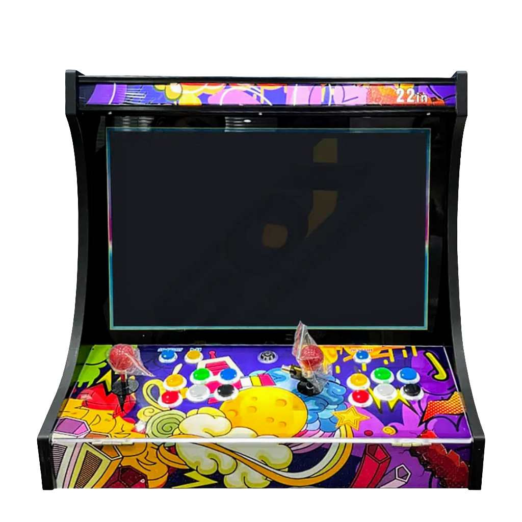 Front view of colorful design that features black orange, yellow, and blue coloring. 2 Player Tabletop Arcade Cabinet that features multi color buttons that are red, yellow, black, orange, and white. The 2 joysticks are red.