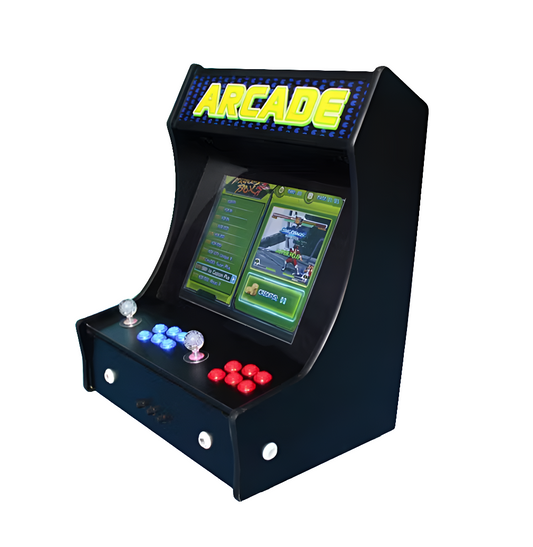 Black 2 Player Tabletop Arcade Cabinet featuring a black color, marquee that says "Arcade" in yellow text over a blue dotted background, 2 white joysticks, red buttons, and blue buttons.