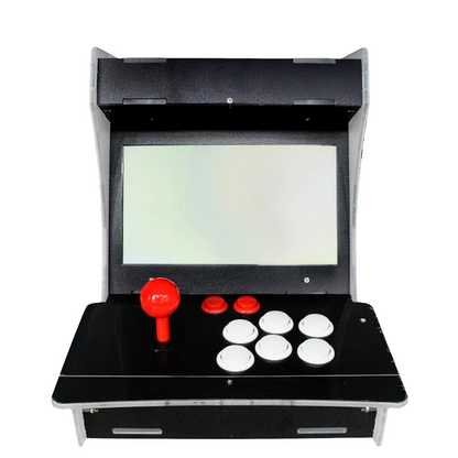 Front view of Double sided 2 Player Tabletop Arcade Cabinet featuring a white and black design, white and red buttons, and red joystick.