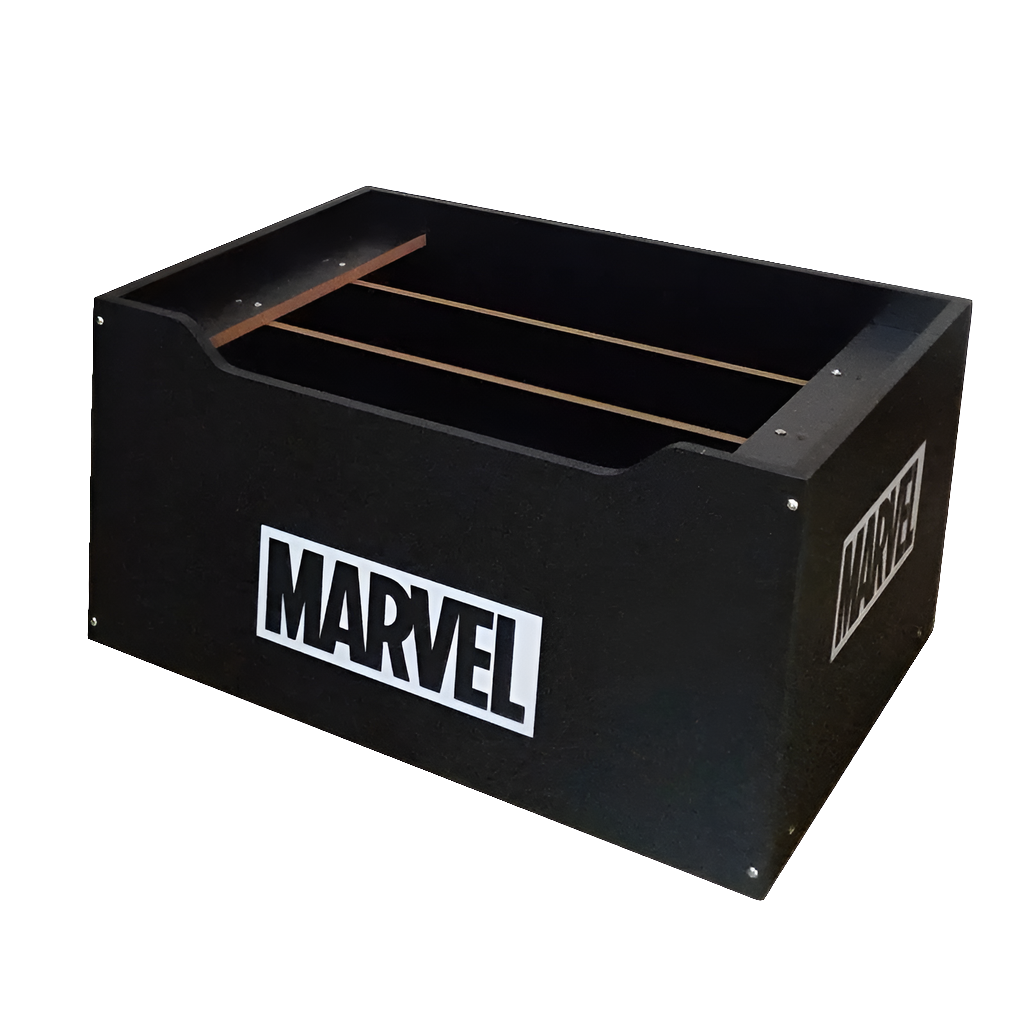 2 player arcade cabinets booster, the booster attachment is black and has white lettering on it that says MARVEL. 