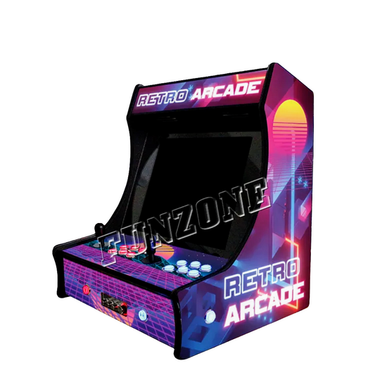 Vibrant 2 Player Tabletop Arcade Cabinet. The cabinet features a vibrant purple, yellow, and red design. The Cabinets marquee and side of the cabinet says Retro arcade in white text. The cabinet features 2 black joysticks and white buttons.