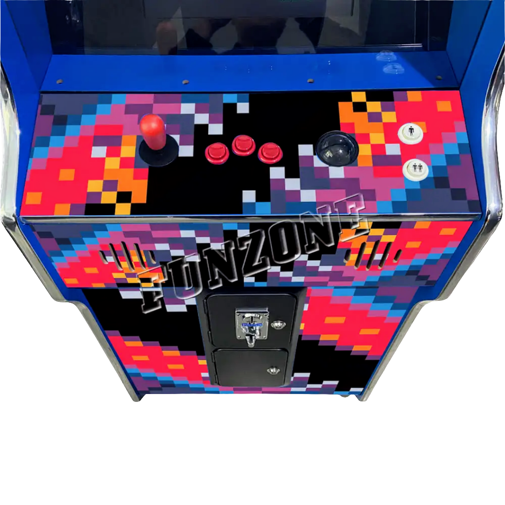 Close up view of one player arcade cabinet control panel with a multicolor pixel art design. The control panel features an orange joystick, 3 red buttons, a black Trackball, and 2 white buttons. The arcade also has an optional coin slot.