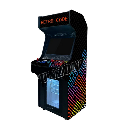 2 Player Arcade cabinet with fridge, multi-colored blue, red, and yellow pattern design over a black background. The arcade cabinet includes 2 black joysticks, blue and red buttons, and a marquee that says Retro Cade in red text. 