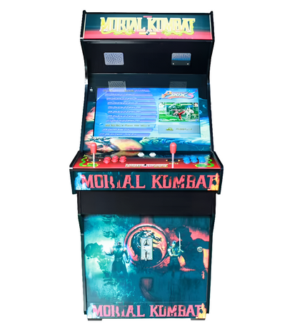 Front view of a 2 Player Arcade Cabinet featuring a mortal Kombat design, dragon artwork on the side, the text "Mortal Kombat" in yellow on the marquee, 2 red joysticks, blue buttons, and red buttons.