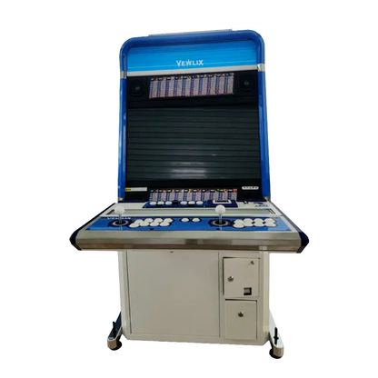 Front view of Blue 2 Player Cocktail Arcade Cabinet that features a blue and white design, white buttons and white joysticks. The Cabinet also features an optional coin slot.