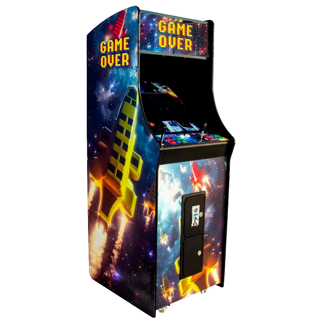 2 player arcade cabinet that features a retro arcade design, rocket ship blasting off on the side of the cabinet, and game over text on the marquee and side of the arcade cabinet. The cabinet has two black joysticks, blue and red buttons, and coin a slot