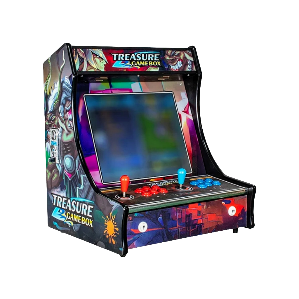 Graphic comic design of 2 Player Tabletop Arcade Cabinet. The cabinet features blue buttons and a blue joystick. It also features a red joystick and red buttons 