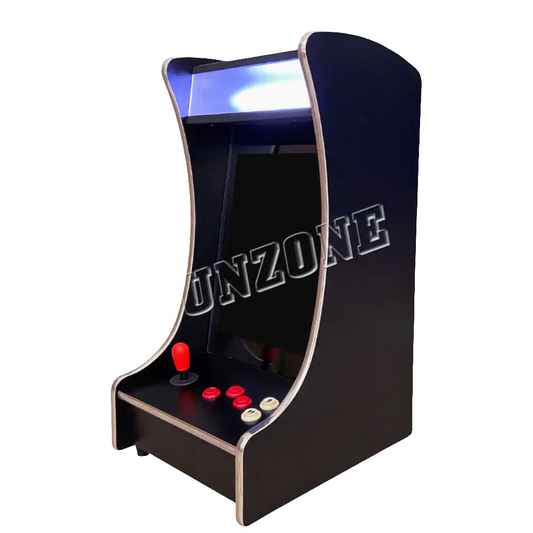 Black 2 Player Tabletop Arcade Cabinet that features one red joystick, 3 red buttons, and 2 white buttons. The marquee features a chrome metal color that stretches to the edging of the cabinet also. 