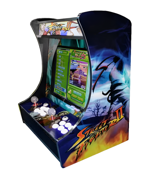 Street fighter 2 themed 2 Player Bartop Arcade Cabinet that features a street fighter theme. The Bartop arcade also has a marquee that says "Street Fighter 2", 2 off white joysticks, and white buttons.