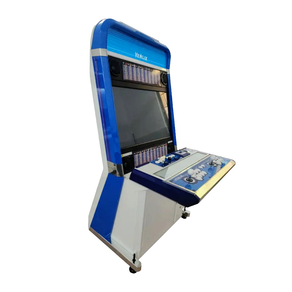 Side view of a Blue 2 Player Cocktail Arcade Cabinet that features a blue and white design, white buttons and white joysticks. The Cabinet also features an optional coin slot.