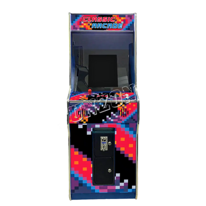 Front view of One Player Arcade Cabinet featuring a visual retro multicolor pixel design. The arcade cabinet says classic arcade on the marquee and side of the cabinet in orange and blue text. The arcade features one red joystick and orange buttons. Also features an optional coin slot.