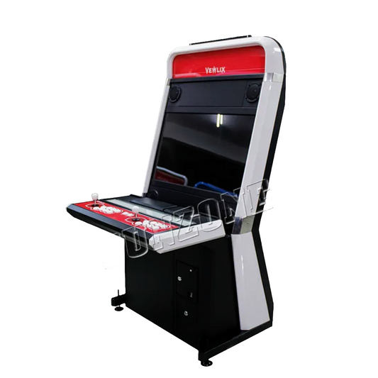 2 Player Cocktail Arcade Cabinet that features a red, black, and white design pattern. The cabinet has a large 32 inch screen, white joysticks, and white buttons.