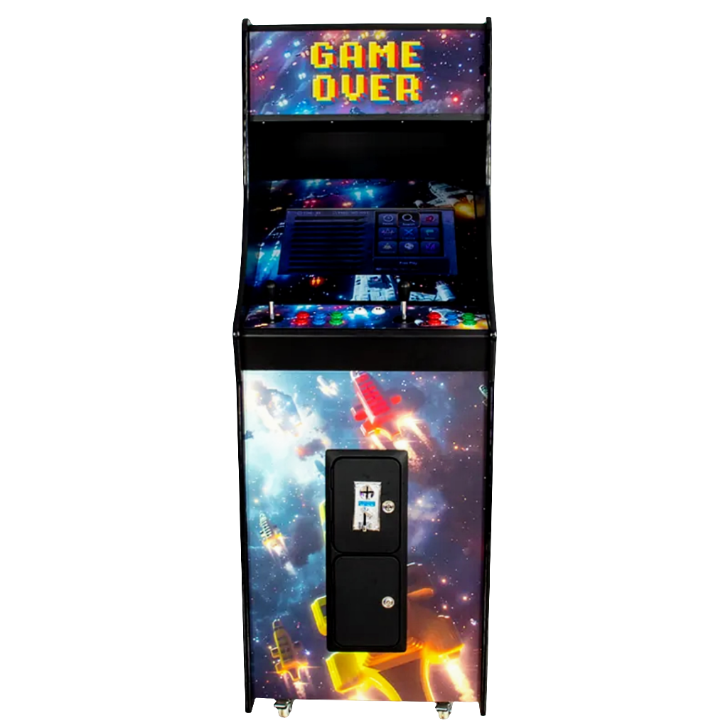 Front view of 2 player arcade cabinet that features a retro arcade design, rocket ship blasting off on the side of the cabinet, and game over text on the marquee and side of the arcade cabinet. The cabinet has two black joysticks, blue and red buttons, and coin a slot