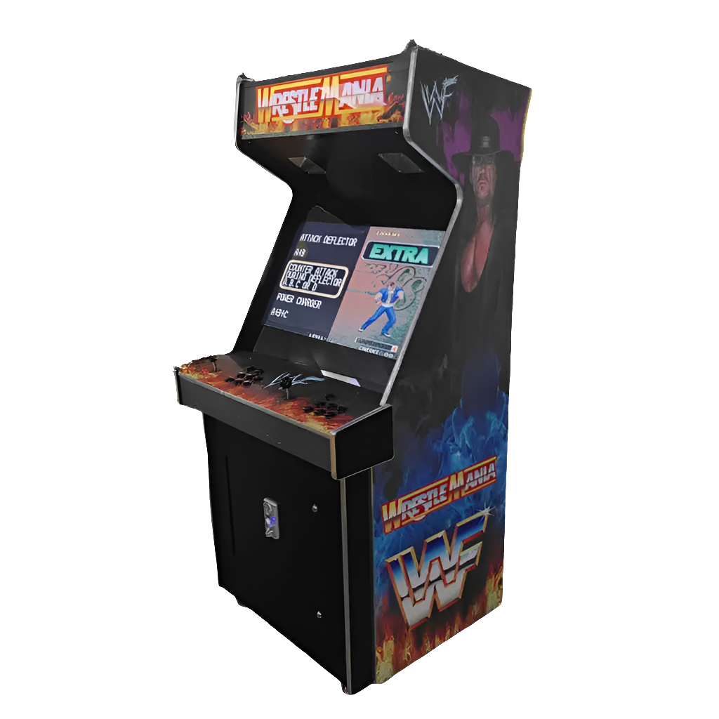 WWE Wrestle Mania 2 Player Arcade Machine themed WWE. The cabinet features a wrestler on the side of the cabinet, a marquee that says "Wrestle Mania", 2 black joysticks, and black buttons.