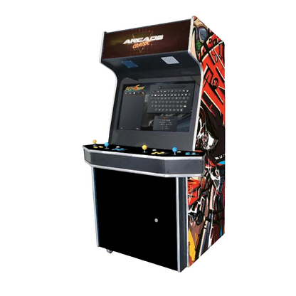 4 Player Arcade Cabinet with red and black artistic design, 2 green joysticks, 2 blue joysticks, blue buttons, green buttons, and a marquee that says arcade classic over a black background.