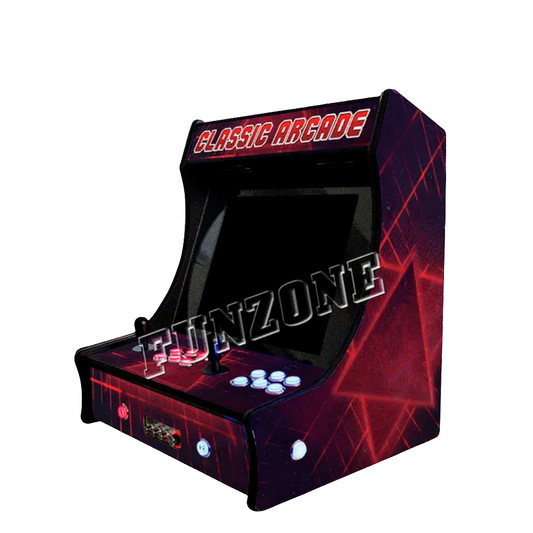 2 Player Tabletop Arcade Cabinet that features a red pattern over a black background, the marquee says classic arcade in red text outlined white. The arcade features 2 black joysticks, glowing red and white buttons.