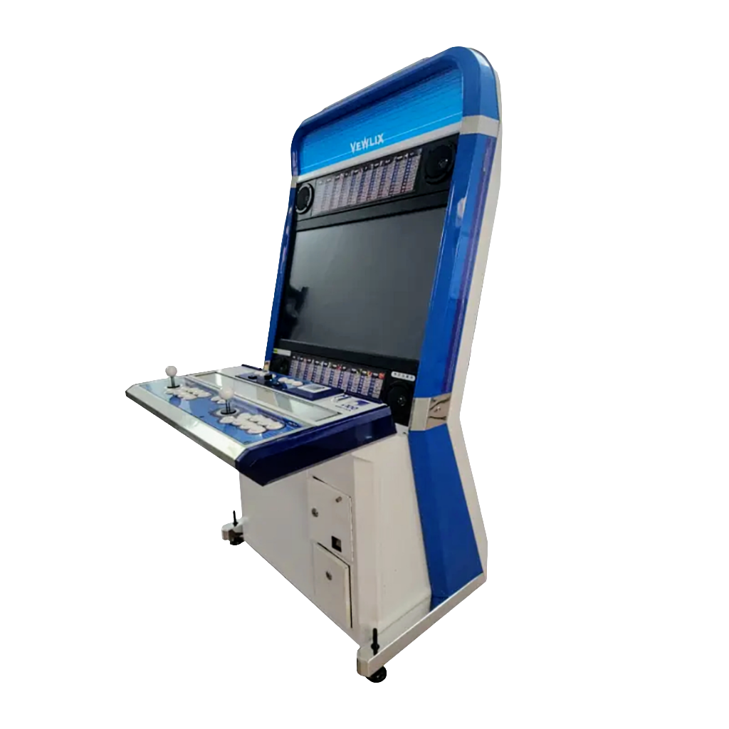 Blue 2 Player Cocktail Arcade Cabinet that features a blue and white design, white buttons and white joysticks. The Cabinet also features an optional coin slot.