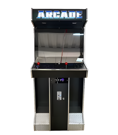 Front view of a 2 Player Arcade Cabinet featuring a space Ship design over a black background, the cabinet also has 2 red joysticks, black buttons, a foot rest, and a custom marquee that says"Arcade" in white letters.