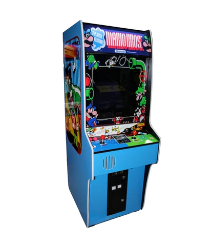 Front view of a Mario Bros themed 2 Player Arcade Machine that has Mario Bros artwork over a light blue background. The cabinet also has 2 red joysticks, green buttons, blue buttons, and a marquee that says Mario Bros in red text.