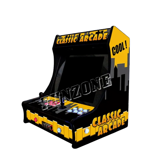 2 Player Tabletop Arcade Cabinet featuring yellow city design pattern, 2 black joysticks, white buttons, and red buttons. The cabinet also features the text Retro Arcade in yellow on the marquee and side of the cabinet. 