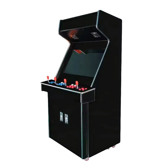 4 Player Arcade Cabinet featuring a black color and chrome edging, 4 red Joy sticks, blue buttons, and red buttons.