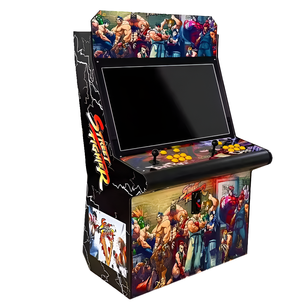 2 Player Arcade Cabinet featuring vibrant fighting game artwork, 32-inch screen, classic arcade controls with yellow buttons, black cabinet design with dynamic character graphics, and Street Fighter-themed side panel illustrations.