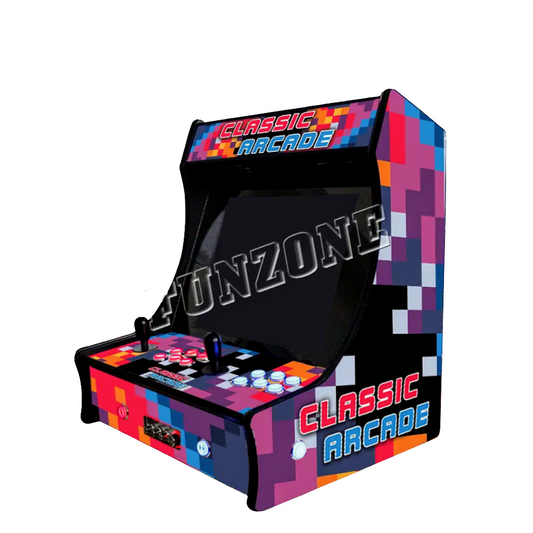 2 Player Tabletop Arcade Cabinet featuring a retro multicolor pixel design, 2 black joysticks, white and orange buttons. The Marquee says in orange Classic and in blue it says Arcade. On the side of the cabinet it has the same text.