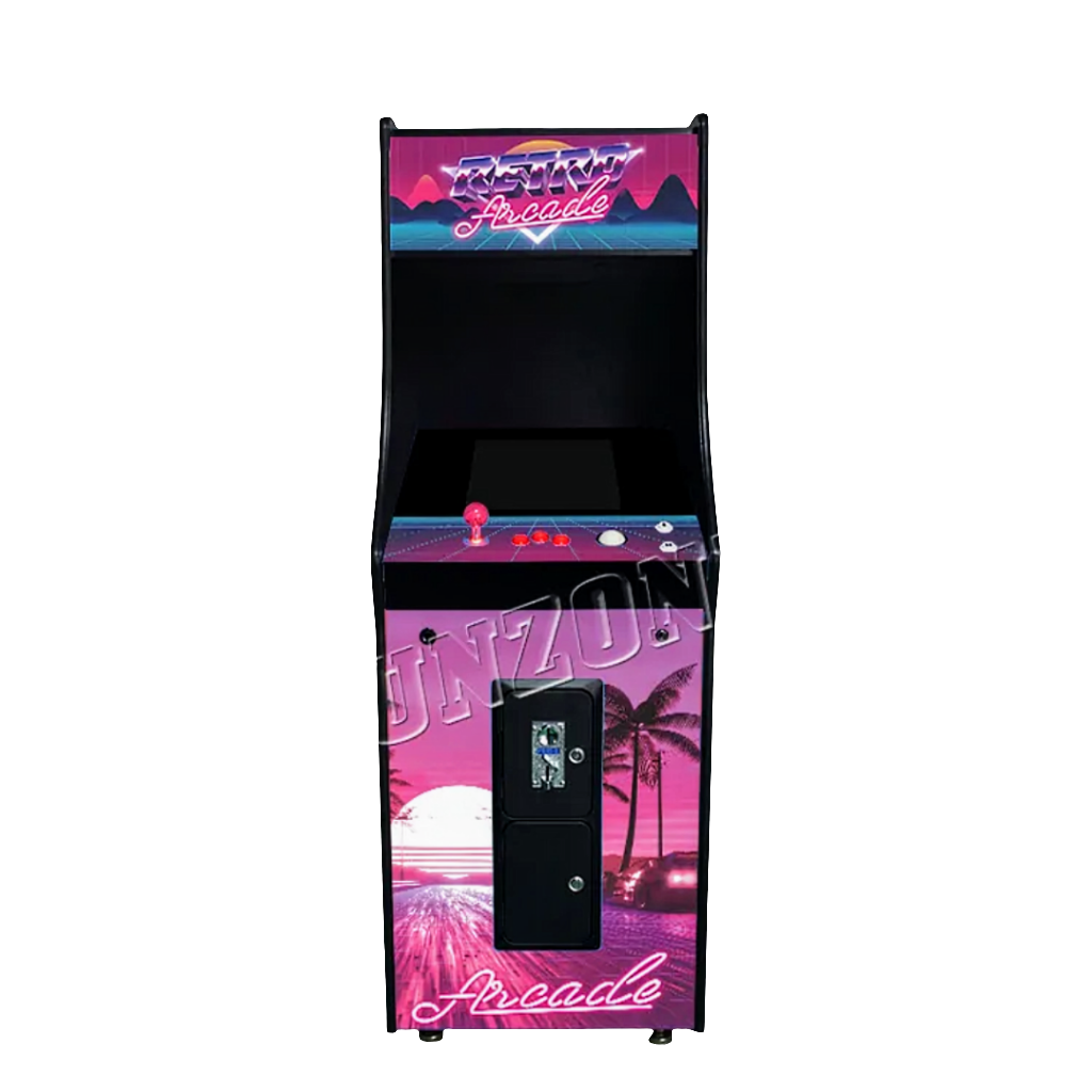 Front view of Single Player Custom Arcade Cabinet featuring a beautiful paradise sunset and palm tree design. The Marquee features text saying Retro Arcade. The machine also includes a trackball.