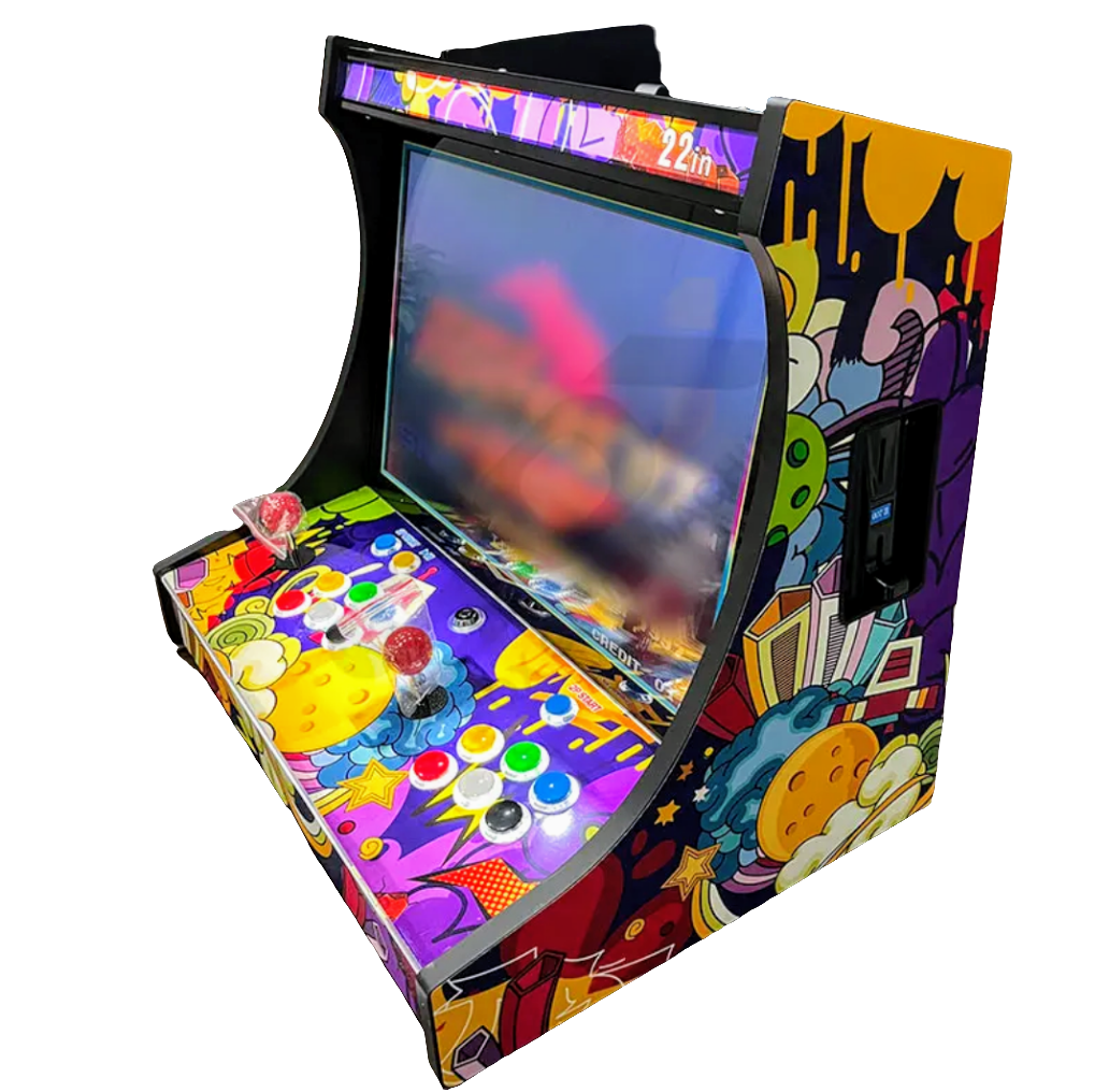 Colorful design that features black orange, yellow, and blue coloring. 2 Player Tabletop Arcade Cabinet that features multi color buttons that are red, yellow, black, orange, and white. The 2 joysticks are red.