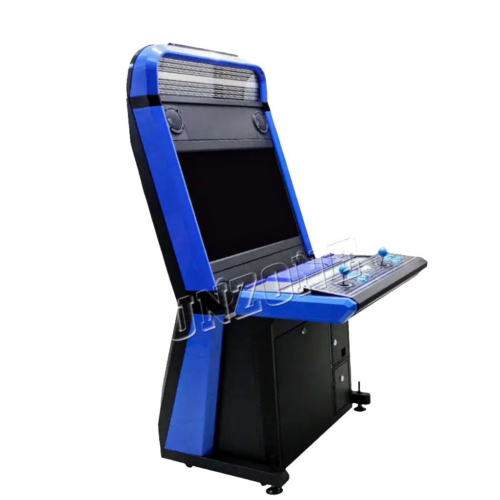 Side front view of 2 player cocktail arcade cabinet that features a multi color black and blue design. The Cabinets have a 32 inch screen, 2 blue joysticks, plus blue and white buttons.