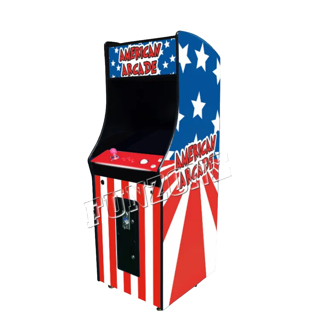 One player arcade cabinet that features the USA flag design. The cabinet in red letters says "American Arcade" on the marquee and side of the cabinet. The cabinet features a white joystick, LED trackball, and white buttons. The picture background is white.