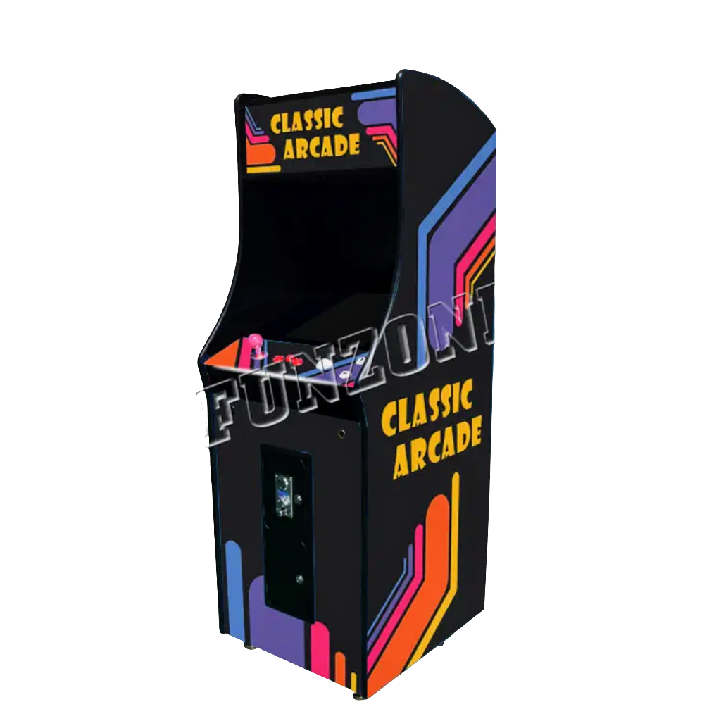 Custom one player arcade cabinet that features a nostalgic artwork line design of blue, red, orange, and yellow over a black background. On the cabinets marquee and side it says classic arcade in yellow letters. The cabinet includes an optional coin slot. The arcade cabinets environment is white.