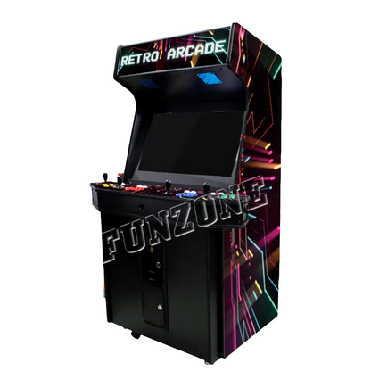 Custom 4 Player Arcade Cabinet featuring a beautiful shooting star galaxy design and black background, 4 black joysticks, and vibrant button colors. Marquee says Retro Arcade in white letters.