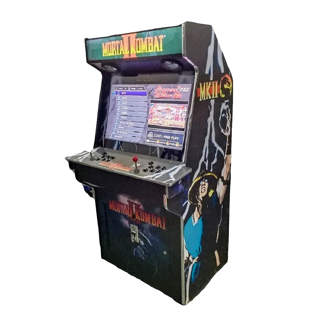 2 Player Arcade Cabinet with Black background and Mortal Kombat 2 theme. The cabinet features black buttons and 2 black joysticks. The marquee says Mortal Kombat 2 in bright yellow letters.