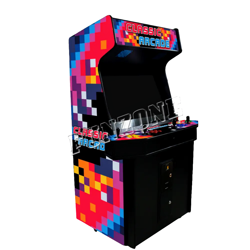 Side view of 4 Player Pixel Arcade Cabinet with multicolor pixel design. The cabinet features 4 black joysticks, white buttons, yellow buttons, and blue buttons. It has beautiful Classic Arcade text on the marquee and side of the cabinet in orange and blue text. Also features an optional coin slot.