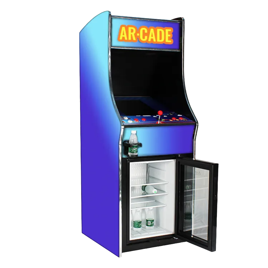 Angled front view of a 2 Player Fridge Arcade Cabinet featuring a blue design, cupholder, roomy fridge, red joystick, red buttons, white buttons, and a custom marquee that says "AR-CADE" 